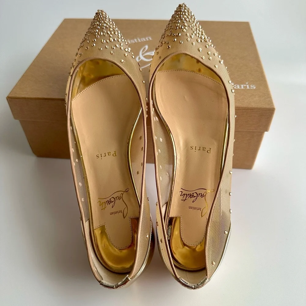 CHRISTIAN LOUBOUTIN Follies Strass Gold Crystal Pointed Toe Ballerina Flats 38 - Picture 9 of 16